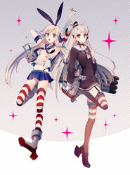  amatsukaze_(kantai_collection) banned_artist blonde_hair blue_eyes brown_eyes dress gloves hairband highres kantai_collection long_hair multiple_girls rensouhou-chan rensouhou-kun sailor_collar sailor_dress sayori_(oskn) shimakaze_(kantai_collection) short_dress silver_hair skirt thighhighs two_side_up uniform zettai_ryouiki 