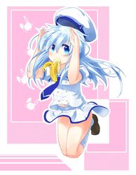  banana blue_eyes blue_hair bunny_pose female food fruit gochuumon_wa_usagi_desu_ka? gochuumon_wa_usagi_desuka? hat inori_(xyz5568) jumping kafuu_chino looking_at_viewer school_uniform skirt solo uniform 