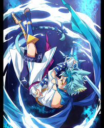  1boy animal_ears ars_goetia bishounen blue_background blue_hair blue_scarf blue_theme cat_ears cat_tail commentary_request crocell_(mygrimoire) crystal_sword ice kyousaku left-handed male_focus mygrimoire orange_eyes ribbon sandals scarf shirt shorts solo sword tail tail_ornament tail_ribbon water weapon 