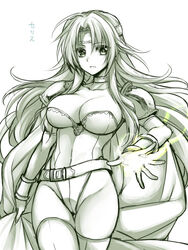  armor belt bracelet breasts cape cape_tug celes_chere character_name choker cleavage commentary_request elbow_gloves female final_fantasy final_fantasy_vi gloves headband highleg highleg_leotard jewelry large_breasts leotard long_hair magic monochrome shoulder_armor shoulder_pads solo takatsuki_ichi thighhighs translated white_background 