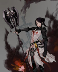  armor axe bad_id bad_pixiv_id belt black_hair brown_eyes cross dungeon_and_fighter female female_priest_(dungeon_and_fighter) fingerless_gloves fire flask gauntlets gloves highres inquisitor_(dungeon_and_fighter) looking_at_viewer polearm ponytail serious smoke solo tabard tamidro weapon 