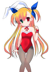  absurdres animal_ears bare_shoulders blonde_hair blush breasts cleavage commentary_request detached_collar female frills green_eyes hair_ribbon hairband heterochromia highres kazuta_(kazutan62) long_hair lyrical_nanoha mahou_shoujo_lyrical_nanoha_vivid medium_breasts pantyhose playboy_bunny rabbit_ears red_eyes ribbon smile solo two_side_up vivio white_background wrist_cuffs 