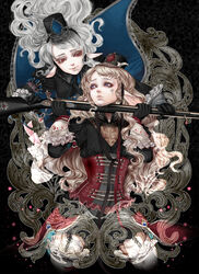  2girls animal_ears blonde_hair blue_eyes commentary_request corset dirty dirty_face dress frills gloves gun hat highres long_hair meisai multiple_girls musket pixiv_fantasia pixiv_fantasia_new_world red_eyes weapon white_hair 