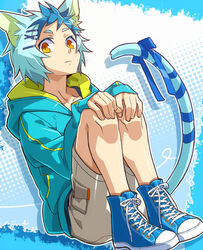  1boy animal_ears ars_goetia bishounen blue_background blue_hair blue_theme casual cat_ears cat_tail commentary_request contemporary crocell_(mygrimoire) full_body hands_on_own_knees hood hoodie kyousaku light_blue_hair male_focus mygrimoire orange_eyes ribbon shoes shorts sitting solo tail tail_ornament tail_ribbon white_shorts 