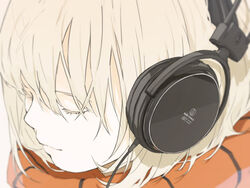  audio-technica blonde_hair close-up closed_eyes closed_mouth commentary_request female from_above headphones highres loundraw original scarf short_hair smile solo 