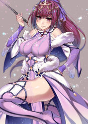  boots breasts cleavage commentary_request dress fate/grand_order fate_(series) female fur_trim gensui_(auoua) hair_between_eyes highres jewelry lace_trim large_breasts leg_up legs long_hair looking_at_viewer purple_dress purple_hair red_eyes scathach_(fate) scathach_skadi_(fate) scathach_skadi_(third_ascension)_(fate) simple_background smile solo sparkle thigh_boots thighhighs thighs tiara wand 