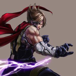  1boy black_gloves blonde_hair blue_eyes commentary_request electricity fighting_stance gloves highres kamiki_uutarou lars_alexandersson male_focus muscular photoshop_(medium) red_scarf scarf sleeveless solo spiked_hair tekken 