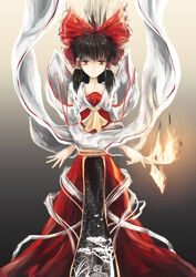  arufa_(hourai-sugar) black_hair bow commentary_request detached_sleeves female fire hair_tubes hairbow hakurei_reimu ofuda photoshop_(medium) red_bow red_eyes solo touhou 