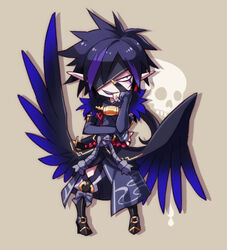  1boy ars_goetia black_hair boots brown_background chibi commentary_request eyepatch japanese_clothes knee_boots kyousaku male_focus multicolored_hair mygrimoire pointy_ears purple_hair raum_(mygrimoire) smile solo spiked_hair two-tone_hair wings 