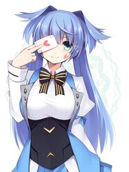  ace ahoge aqua_eyes arm_behind_back arm_ribbon bangs blue_hair bow bowtie breasts buttons card covering covering_eyes cowboy_shot croupier deal facial_tattoo flipped_hair hair_intakes hand_up heart holding holding_card juliet_sleeves lace lace_background large_breasts light_smile long_hair long_sleeves looking_at_viewer muryotaro open_clothes open_vest phantasy_star phantasy_star_online_2 playing_card puffy_long_sleeves puffy_sleeves ribbon smile solo striped tattoo taut_clothes twintails very_long_hair vest waistcoat white_background 