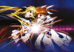  2girls absurdres bardiche_(axe_form)_(nanoha) bardiche_(nanoha) battle belt_buckle black_gloves black_leotard black_thighhighs blonde_hair brown_hair buckle cape clash crossed_weapons duel fate_testarossa fate_testarossa_(movie_1st_form) fingerless_gloves gloves highres holding holding_weapon imageboard_desourced leotard long_hair lyrical_nanoha magical_girl mahou_shoujo_lyrical_nanoha mahou_shoujo_lyrical_nanoha_the_movie_1st multiple_girls non-web_source okuda_yasuhiro open_mouth purple_eyes raising_heart raising_heart_(cannon_mode) red_eyes short_twintails showgirl_skirt takamachi_nanoha takamachi_nanoha_(movie_1st_mode) thighhighs twintails very_long_hair weapon zettai_ryouiki 