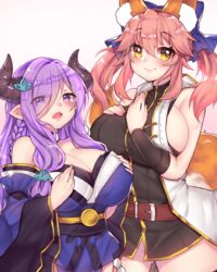  2girls :d animal_ear_fluff animal_ears ass_visible_through_thighs bare_shoulders belt blue_ribbon blush bracer braid breasts cleavage commentary cosplay costume_switch cowboy_shot detached_sleeves draph eyes_visible_through_hair fate/extra fate_(series) fox_ears fox_tail granblue_fantasy hair_between_eyes hair_ornament hair_over_one_eye hair_ribbon horns large_breasts long_sleeves looking_at_viewer multiple_girls narmaya_(granblue_fantasy) narmaya_(granblue_fantasy)_(cosplay) no_panties obi open_mouth osiimi pink_hair pointy_ears purple_eyes purple_hair ribbon sash sideboob sidelocks sleeveless smile tail tamamo_(fate) tamamo_no_mae_(fate/extra) tamamo_no_mae_(fate/extra)_(cosplay) twintails wide_sleeves yellow_eyes 