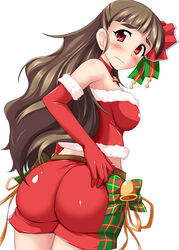  ass ass_focus bare_shoulders bell belt blunt_bangs blush bow breasts brown_belt brown_hair choker christmas closed_mouth comiket_87 commentary_request cowboy_shot crop_top dutch_angle elbow_gloves embarrassed female from_behind fur-trimmed_gloves fur-trimmed_shirt fur_trim furrowed_brow gloves hand_on_own_hip idolmaster idolmaster_cinderella_girls kamiya_nao legs_together long_hair looking_at_viewer looking_back medium_breasts orange_ribbon plaid plaid_bow red_choker red_eyes red_gloves red_shorts ribbon ringed_eyes santa_costume shiny_clothes shirt short_shorts shorts simple_background solo standing stiel thick_eyebrows twisted_torso very_long_hair white_background 