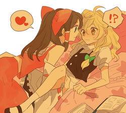  !? 2girls bad_id bad_pixiv_id bare_shoulders bed blonde_hair blue_eyes blush book bow braid brown_eyes brown_hair buttons commentary_request detached_sleeves dress hair_ornament hair_tubes hairbow hakurei_reimu heart kirisame_marisa long_hair makiko mary_janes midriff multiple_girls ponytail sarashi shoes skirt socks spoken_heart touhou white_legwear yuri 