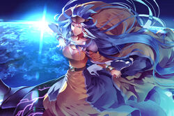  belt blue_eyes blue_hair bracelet breasts chrono_trigger cleavage commentary_request earrings female highres jewelry large_breasts long_hair looking_at_viewer mature_female queen_zeal solo sunakumo sunrise 