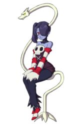  bare_shoulders blue_skin detached_collar detached_sleeves female ganno hair_over_one_eye leviathan_(skullgirls) red_eyes side_ponytail sitting skullgirls squigly_(skullgirls) stitched_mouth stitches striped_legwear striped_sleeves thighhighs zombie zombie_girl 