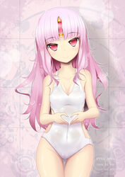  apple_(elsword) code:_empress_(elsword) commentary_request covered_navel elsword eve_(elsword) female forehead_jewel groin head_tilt heart heart_hands highres long_hair one-piece_swimsuit ootsuki_momiji pink_eyes pink_hair smile solo swimsuit thigh_gap white_one-piece_swimsuit 