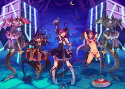  5girls android armor bikini bikini_armor blue_eyes breasts commentary_request curled_horns detached_sleeves dragon_horns elizabeth_bathory_(brave)_(fate) elizabeth_bathory_(fate) elizabeth_bathory_(fate/extra_ccc) elizabeth_bathory_(first_ascension)_(fate) elizabeth_bathory_(halloween_caster)_(fate) fate/grand_order fate_(series) halloween_costume hat highres holding holding_microphone horns idol kamakura_(clupeoidei) long_hair mecha_eli-chan_(fate) mecha_eli-chan_mk.ii_(fate) mecha_musume microphone microphone_stand multiple_girls multiple_persona music nail_polish photoshop_(medium) pink_hair pink_nails pointy_ears robot singing small_breasts string_bikini swimsuit tail witch_hat 