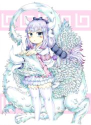  bad_id bad_pixiv_id beads blue_eyes capelet commentary_request dragon dragon_girl dual_persona female gradient_hair hair_beads hair_ornament hairband highres horns kanna_kamui kanna_kamui_(dragon)_(maidragon) kobayashi-san_chi_no_maidragon light_purple_hair long_hair multicolored_hair siromaru solo tail thighhighs twintails white_thighhighs 