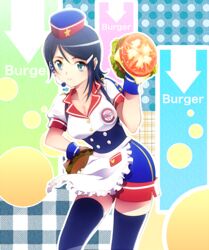  apron blue_eyes blue_hair blue_thighhighs breasts burger burger_skater_(idolmaster) cleavage commentary_request female food hair_ornament hairclip hand_on_own_hip headset idolmaster idolmaster_dearly_stars large_breasts mizutani_eri riyo_(riyontoko) short_hair skirt smile solo thighhighs tomato waitress 