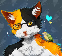  2016 ambiguous_gender anthro avian beak biped bird black_body black_eyes black_fur brown_beak brown_body brown_feathers bust_portrait calico_cat digital_media_(artwork) domestic_cat duo eyewear feathered_wings feathers feet felid feline felis feral front_view fur glasses green_body green_feathers heart_symbol inner_ear_fluff larger_male looking_at_viewer lovebird male mammal mottled multicolored_body multicolored_feathers multicolored_fur nexsix orange_body orange_fur parrot pattern_background piebald pink_nose portrait signature simple_background size_difference smaller_ambiguous smile talons toes true_parrot tuft whiskers white_body white_fur wings yellow_body yellow_eyes yellow_feathers 