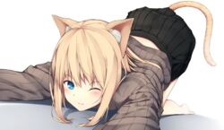  3; all_fours animal_ears aqua_eyes barefoot black_skirt blonde_hair blush cat_ears cat_girl cat_stretch cat_tail closed_mouth commentary_request dutch_angle female hair_between_eyes hiraba_6018 long_hair looking_at_viewer one_eye_closed original pleated_skirt ribbed_sweater sidelocks simple_background skirt solo stretching sweater tail top-down_bottom-up white_background 