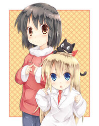  2girls :o animal_ears black_cat black_hair blonde_hair blue_eyes blush brown_eyes commentary_request feline fingers_together fujimoto_akio hood hoodie index_fingers_together lab_coat long_hair looking_at_viewer multiple_girls necktie nichijou on_head open_mouth photoshop_(medium) professor_shinonome sakamoto_(nichijou) scarf shinonome_nano short_hair tail 