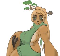  2017 alpha_channel anthro bag big_breasts breasts claws clothing female fur green_eyes hair looking_at_viewer mammal meme meme_clothing pilosan plant ponytail side_boob simple_background sloth solo sweater tartaurus topwear transparent_background virgin_killer_sweater xenarthran 