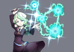  bad_id bad_pixiv_id blonde_hair blue_eyes breasts casting_spell commentary_request curly_hair diana_cavendish electricity energy_ball female kido_airaku light_green_hair little_witch_academia long_hair magic medium_breasts multicolored_hair solo sparkle two-tone_hair wand witch 