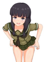  black_hair black_neckerchief blunt_bangs blush breasts collarbone commentary_request female green_skirt kantai_collection kitakami_(kancolle) leaning_forward linfa_(futari_midara) long_hair looking_at_viewer medium_breasts miniskirt neckerchief open_mouth panties panty_pull pleated_skirt school_uniform serafuku sidelocks simple_background skirt smile solo underwear white_background white_panties 