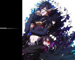  1boy ars_goetia black_hair commentary_request earrings eyepatch female fur_trim height_difference hug hug_from_behind jewelry kyousaku multicolored_hair mygrimoire navel pale_skin pointy_ears purple_hair raum_(mygrimoire) red_eyes smile stolas_(mygrimoire) two-tone_hair 