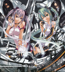  2girls beatmania_iidx breasts choker closed_mouth commentary_request fingerless_gloves gloves green_eyes green_hair head_tilt headphones highres kitami_erika long_hair looking_at_viewer medium_breasts mizushiro_celica multiple_girls nose_shade nyami one_eye_closed photoshop_(medium) purple_eyes purple_hair shorts smile twintails 