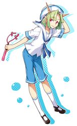  1boy ars_goetia bishounen blue_shorts commentary_request full_body green_hair hat horns kneehighs kyousaku light_green_hair male_focus mygrimoire necktie paimon_(mygrimoire) pointy_ears red_eyes sailor_collar sailor_hat shirt shoes shorts smile socks solo white_sailor_collar 