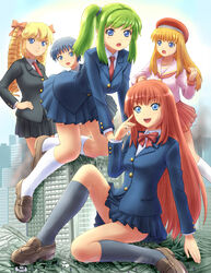  5girls blazer blonde_hair blue_eyes blue_hair bow bowtie breasts building car commentary_request destruction drill_hair erika_(shukushou_gakuen) giant giantess green_hair hair_ribbon hat highres jacket kneehighs large_breasts long_hair manzi mini_person miniboy motor_vehicle multiple_girls necktie ookiku_narue red_hair ribbon school_uniform short_hair shukushou_gakuen socks vice_director_(shukushou_gakuen) 