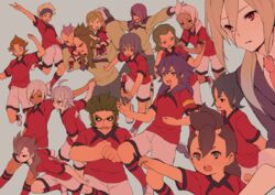  6+boys afuro_terumi aged_up ahoge armband bad_id bad_pixiv_id blue_hair brown_hair closed_eyes everyone formal gloves goalkeeper goshiki_jun hair_over_one_eye headband inazuma_eleven_(series) inazuma_eleven_go ishikawa_kanpei izumi_kanaaki kamiya_kouta katayama_tsuyoshi kidokawa_seishuu kinugawa_waganuki kishibe_taiga konuma_waku long_hair male_focus multicolored_hair multiple_boys necktie ooisokawa_tarou open_mouth ponytail purple_hair red_eyes sendai_hiroaki shimizu_ryuuto simple_background soccer_uniform sportswear suit taki_sousuke taki_yoshihiko tobisawa_mana tokio_neo two-tone_hair yamazaki_kotarou yukai_mizuho 