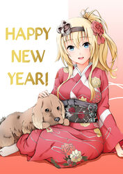  alternate_costume alternate_hairstyle blonde_hair blue_eyes breasts crown english_cocker_spaniel female floral_print hair_ornament hard_translated highres japanese_clothes kantai_collection kimono long_hair long_sleeves mini_crown new_year obi ponytail sash sezoku sitting socks tabi text translated warspite_(kantai_collection) wide_sleeves year_of_the_dog 