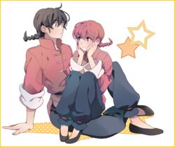  1boy bad_id bad_pixiv_id black_hair braid chinese_clothes dual_persona female genderswap_(mtf) hands_on_own_face long_hair no_socks ranma-chan ranma_1/2 red_hair rule_63 saotome_ranma shirt single_braid sitting sitting_on_lap sitting_on_person sleeves_rolled_up smile star_(symbol) tangzhuang yoi_(yoi41) 