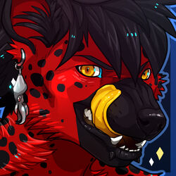  1:1 2016 anthro biped black_body black_fur black_hair black_lips black_nose black_spots blue_background digital_media_(artwork) ear_piercing eyebrows facial_piercing faile fangs front_view fur hair headshot_portrait hyena icon licking licking_lips licking_own_lips lip_piercing lips looking_at_viewer male mammal markings multicolored_body multicolored_fur nexsix open_mouth piercing portrait red_body red_fur self_lick simple_background snout solo spots spotted_body spotted_fur spotted_hyena teeth tongue tongue_out two_tone_body two_tone_fur yellow_eyes yellow_tongue 