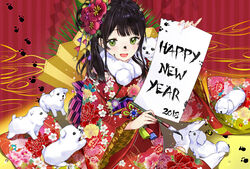  2018 bangs black_hair blush canine eyebrows_visible_through_hair female floral_print fur_collar furisode green_eyes happy_new_year hard_translated highres japanese_clothes kimono long_hair looking_at_viewer macciatto_(aciel02) nengajou new_year obi open_mouth original paint_on_face paw_background paw_print red_kimono sash sidelocks sitting smile socks solo striped tabi translated twintails vertical-striped_background vertical_stripes white_legwear wide_sleeves year_of_the_dog yokozuwari 