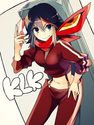  anko_(kirikiri) bad_id bad_pixiv_id black_hair blue_eyes female highres holding holding_removed_eyewear kill_la_kill matoi_ryuuko midriff multicolored_hair pants scarf senketsu senketsu_(scarf) short_hair simple_background smile solo sunglasses track_pants two-tone_hair unworn_eyewear 