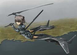  ace_combat ace_combat_x bodysuit bomb brown_hair commentary_request dual_wielding explosive female flying green_eyes hair_ornament hairclip holding knife mecha_musume missile original short_hair solo striker_unit sword tom-neko_(zamudo_akiyuki) weapon world_witches_series xr-45_cariburn 