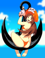  anchor ass bikini brown_hair cloud clouds daga feet gloves guilty_gear guilty_gear_xrd long_hair looking_back may_(guilty_gear) ocean pirate pirate_hat sea sideboob skull sky soles swimsuit 