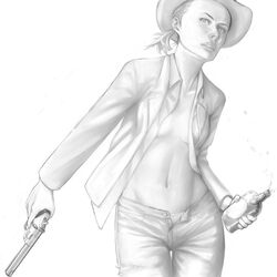  alcohol bottle denim fallout:_new_vegas fallout_(series) female greyscale gun handgun hat holding holding_bottle holding_gun holding_weapon jeans midriff monochrome no_bra open_clothes open_fly open_shirt pants ponytail raikou_(yorimitsu) revolver rose_of_sharon_cassidy shirt solo unbuttoned unzipped weapon whiskey 