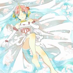  bare_shoulders barefoot berserker_of_black blue_eyes breasts dress elbow_gloves fate/apocrypha fate_(series) female flower gloves hair_ornament hair_over_one_eye horns lying open_mouth pink_hair short_hair veil water 