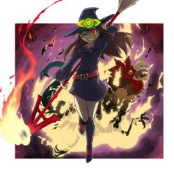  ;d boots broom brown_hair burning cockatrice commentary_request crazy_grin death female fire full_body glowing glowing_eye grin hat kagari_atsuko knee_boots little_witch_academia long_hair momojiri_tarou one_eye_closed open_mouth polearm red_eyes shooting_star_(little_witch_academia) smile spear straight_hair weapon witch witch_hat 