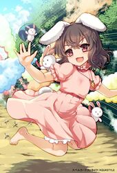  &gt;:) :d :x animal_ears barefoot blush brown_hair carrot carrot_necklace commentary_request dress female inaba_tewi jewelry kumao_mofumofu midair motion_lines necklace open_mouth pendant pink_dress rabbit rabbit_ears red_eyes short_hair smile smoke solo tail touhou v-shaped_eyebrows 