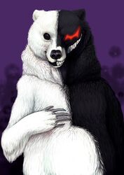  absurd_res ambiguous_gender bear black_body black_eyes black_fur black_nose claws danganronpa digital_media_(artwork) feral front_view fur genetic_chimerism half-length_portrait hi_res mammal monokuma nude portrait reedflower solo spike_chunsoft split_color split_personality teeth white_body white_fur 