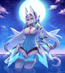  android bad_id bad_tumblr_id blue_eyes bodysuit breasts caseal character_request cleavage cloud cowboy_shot framed_breasts full_moon headgear large_breasts long_hair looking_at_viewer moon muryotaro night night_sky phantasy_star phantasy_star_online_2 silver_hair sky solo star_(sky) starry_sky twintails twitter_username very_long_hair wading water 