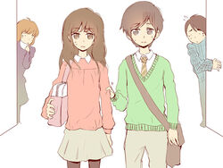  2boys 2girls androgynous bag black_eyes black_hair brown_eyes brown_hair chiba_saori clothes_pull commentary_request green_shirt hourou_musuko long_hair masuda_kayoko monster28 multiple_boys multiple_girls necktie otoko_no_ko pants pantyhose photoshop_(medium) reverse_trap shirt shirt_pull short_hair skirt sweatdrop sweater takatsuki_yoshino tomboy yamamoto_(hourou_musuko) 