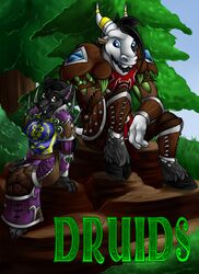  2012 alliance amocin anthro armor blizzard_entertainment bovid bovine breasts canid canine canis claws clothed clothing cover cover_art cover_page digital_media_(artwork) druid druids_the_comic duo english_text eye_contact fangs female forest fur hair hooves horde kinar_(amocin) looking_at_another magic_user male mammal paws plant rock serid_(amocin) smile tauren teeth text tree tribal_spellcaster warcraft were werecanid worgen 